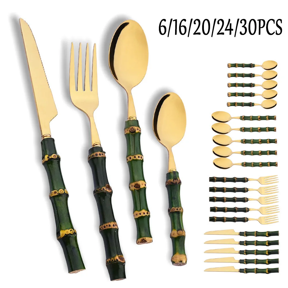 Commercial Kitchen Knife Set - 6/16/20/24/30-teiliges Grünes Bambus-Besteckset Edelstahl Messer Gabel