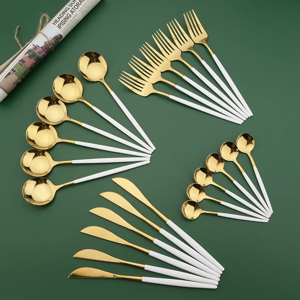 Commercial Kitchen Knife Set - 16/24/32/48-teiliges Besteckset Weiß-Gold Edelstahl-Essbesteck Gabel Küchenmesser