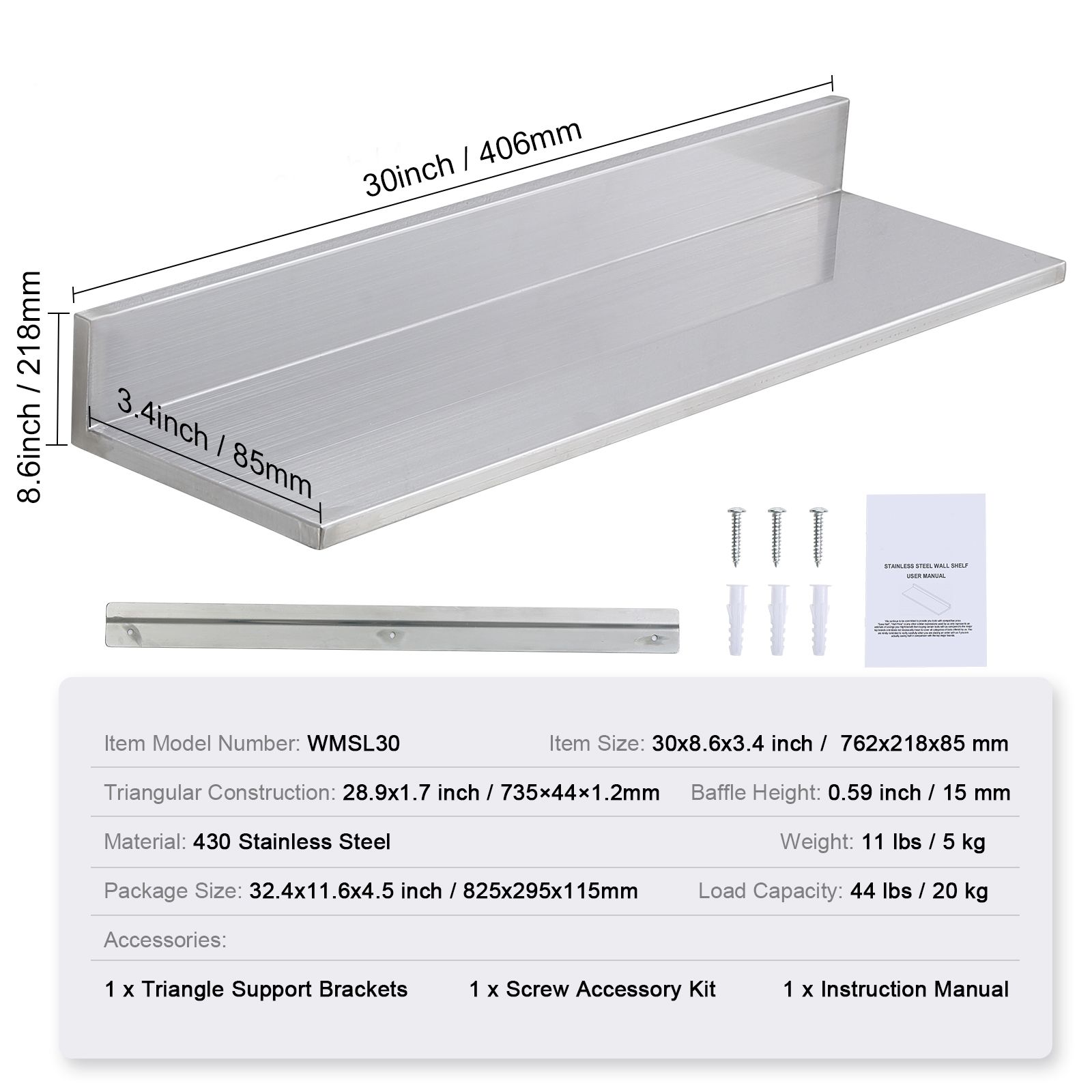 Commercial Kitchen Backsplash - 8,6 x 30 Zoll Edelstahlregal, wandmontiertes